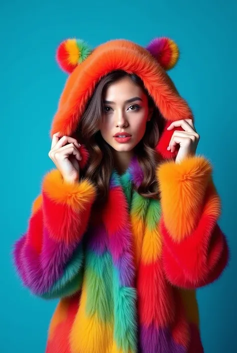 Beautiful woman in a colorful fur coat with a hood with ears posing on a blue background, a colorful fur jacket with vibrant colors, a fashion photography portrait with a symmetrical composition, a studio portrait showing a fashionable pose, a high resolut...