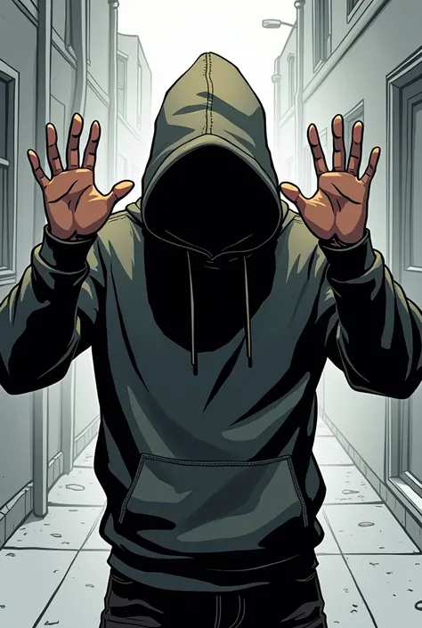 Hoodie guy steps back, raising his hands defensively.. comic style
