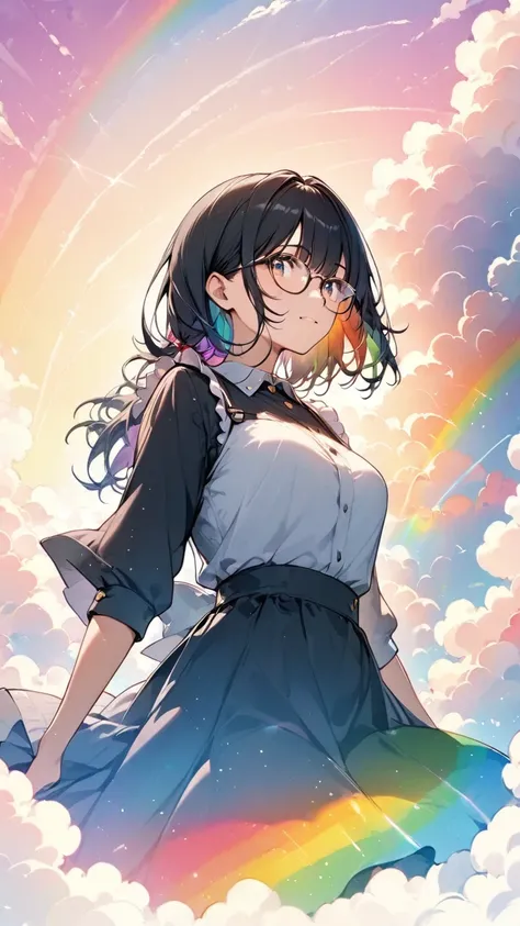 Black hair, glasses, looking at the rainbow sky