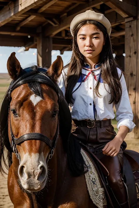 A portrait of the British teenage girl with an European face in Mongolia on a horse and her father