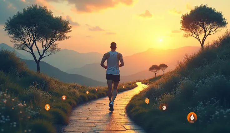 A serene, long-distance runner on a winding trail through a scenic landscape, symbolizing the journey of long-term investing. Along the path, markers represent key investing principles: Patience, Discipline, and Consistency. In the background, a rising sun...