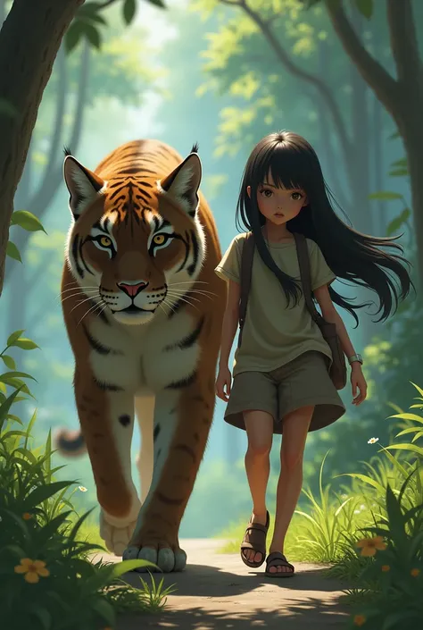 1 Black haired girl walks alongside big cat