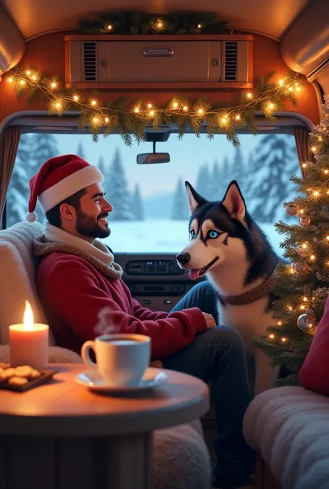 "Create a heartwarming Christmas scene inside a cozy campervan. The interior is decorated with glowing string lights, garlands, and ornaments, giving it a festive holiday vibe. In the campervan, a young man with fair skin, clean-shaven, bald, and wearing a...