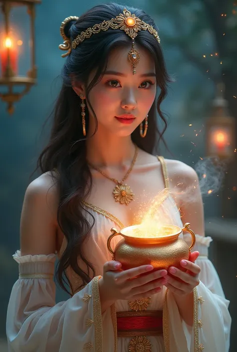 Beautiful Korean girl wearing Princess Jasmines dress in the film Aladdin, holding a magic teapot, and from the teapot a genie appearsLooking at viewer, Long Hair, Masterpiece, 