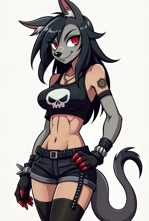 A tall, slender anthropomorphic hellhound drawn in a stylized 2D animation style, with sharp angles and bold outlines typical of dark, edgy cartoon aesthetics. She has grayish fur, long shaggy black hair streaked with white, and striking red eyes. Her clot...