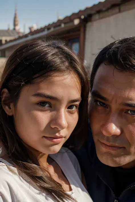 A portrait of the British teenage girl with an European face in Mongolia on a horse and her father