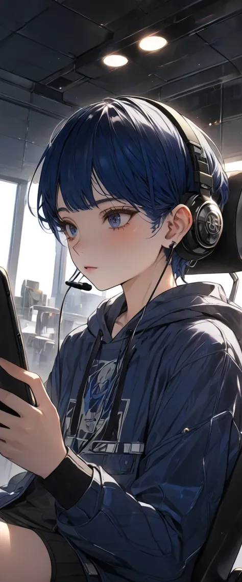 anime, anime style, UHD, masterpiece, retina, accurate, anatomically correct, super detail, textured skin, high details, high quality, award winning, highres, 16k, teenage, blue hair, short hair, hoodie, headset, tomboy 2.0, perfect anatomy, negative_hand,...