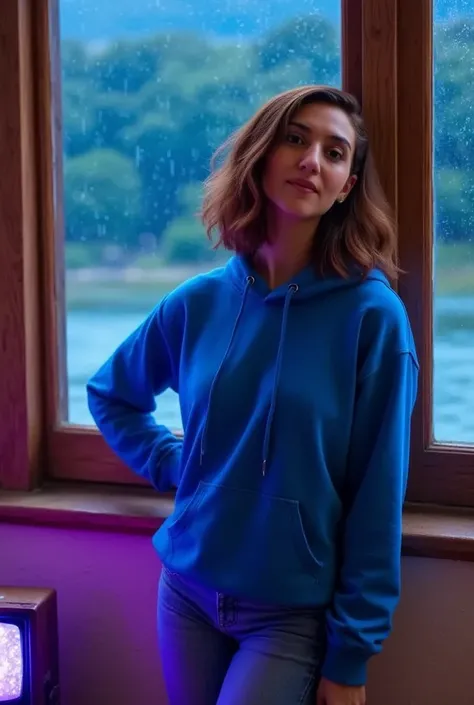 "A cozy and cinematic bedroom with a dark, rainy atmosphere, featuring A woman medium boobs with short wavy auburn hair, wearing a lush blue hoodie and fit jeans, The room is illuminated by moody neon lights in shades of deep purple and soft green, casting...