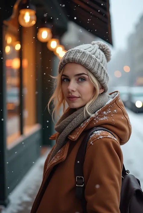 Winter afternoon, falling snow, beautiful woman in casual winter clothes looking in shop. Description: Photorealistic, Masterpiece, Top quality, RAW photo, Solo, Short hair, Blonde, Detailed face, Attractive face, Dynamic pose.