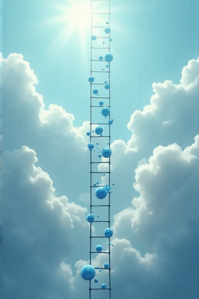 Raindrops are helped down from the sky on a ladder 