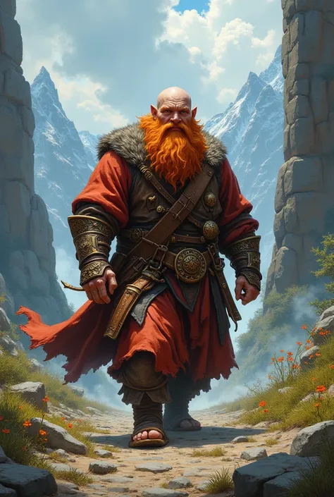 A normal dnd dwarf, monk, 5 feet tall, gimgerbeard, bald, thin but stocky and wearing ring on his fingers