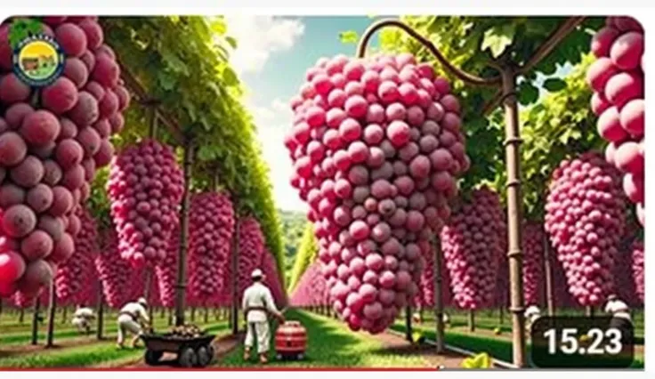 create a photo of a grape garden with many big and beautiful bunches of grapes, the farmer is harvesting borvafo with a turtle cart below (the top of the photo has large bunches of zoomed grapes) in the distance are big plump bunches of grapes