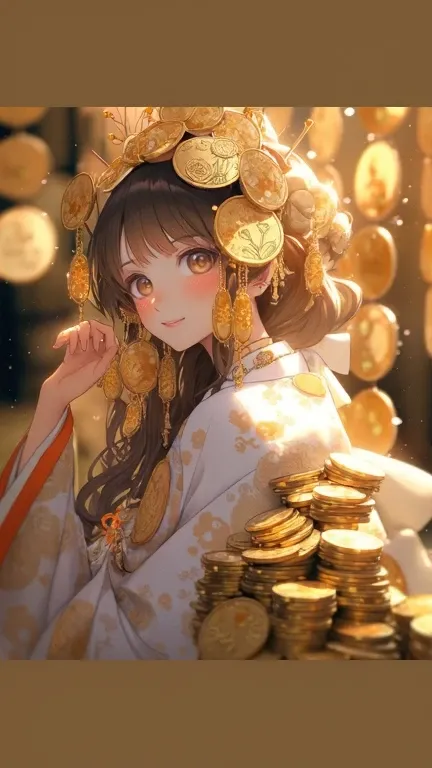 A beautiful fantasy-inspired girl in a traditional Asian-style outfit with intricate golden embroidery. Her headpiece is adorned with large golden coins and delicate hanging ornaments that glow under warm, radiant light. She has long, flowing dark brown ha...