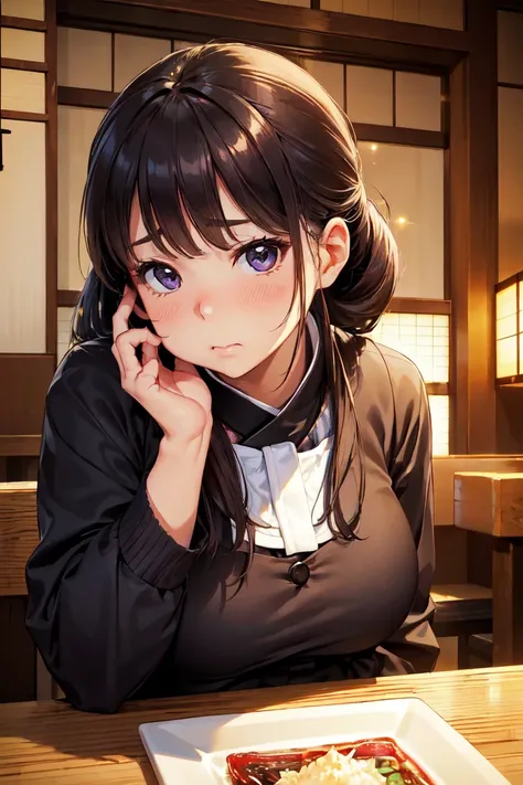 ( High Quality ,  high definition ,  Details,  realistic ), ((((Puff out your cheeks)))),   lean forward , Alone, woman, ((OL)), Sparkling Eyes, ( detail eyes), anger, ,  stylish ，Inside the izakaya、