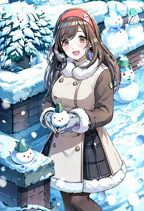 score_9, score_8_up, score_7_up,  source_Anime,Kogane Tsukioka,  long hair, Brown Hair,  brown eyes,  1 girl , Alone, snowman, snow, smile, ,  open mouth,  watching viewers,  outdoor,  pantyhose,  gloves,  headband,  fur trim ,  skirt