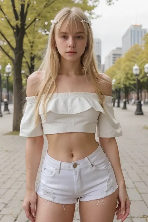 A young beautiful Slavic woman with blonde long layered hair with Bangs wearing white off-the-shoulder crop top that accentuates her shoulders and white short jeans, with midriff and navel fully shown, standing and posing in a city park .