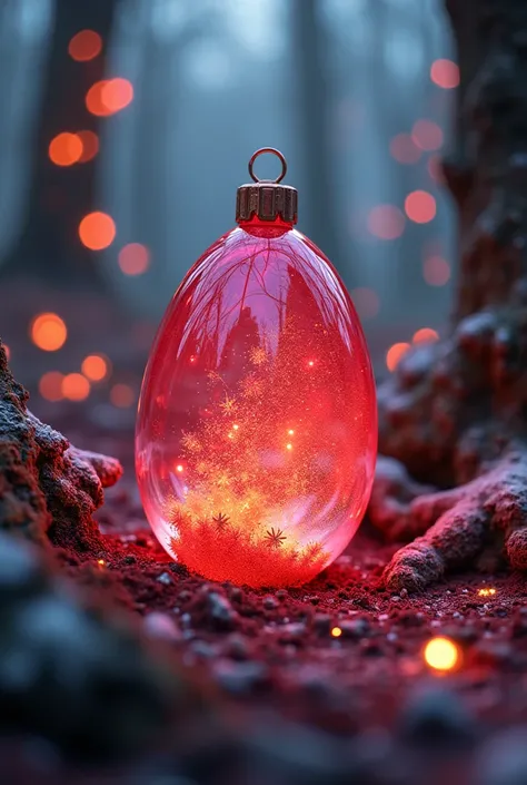 hyper-realistic, In the mystical fairy forest there is a dreamy colorful transparent Christmas red sprinkled with many colorful chocolate powders on top，Close-up full of magical lights  ,  adds a charming atmosphere , Create a charming  , Movie, photo