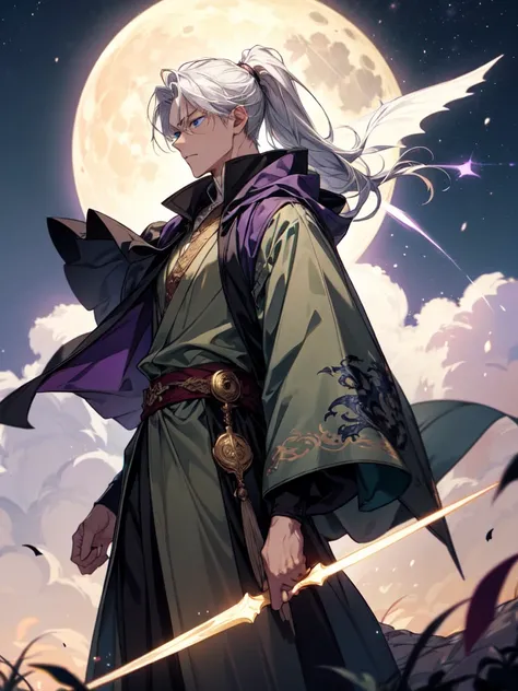   is a guy with white hair ,  collected in a ponytail , and holds a ,  shrouded in a gray-green-purple aura. The guy is wearing a white magic cloak with gold symbols on the sleeves 
The guy is standing in front of the moon.  blade with blue eyes, the moon ...