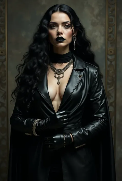 Cleopatra in black lipstick ,  in a black leather trench coat and leather gloves 