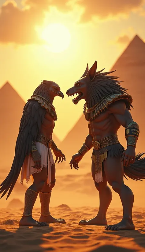 "Horus with a falcon head facing off against Set with a canine-like head, in an epic desert arena, under a blazing Egyptian sun with ancient pyramids in the background."

