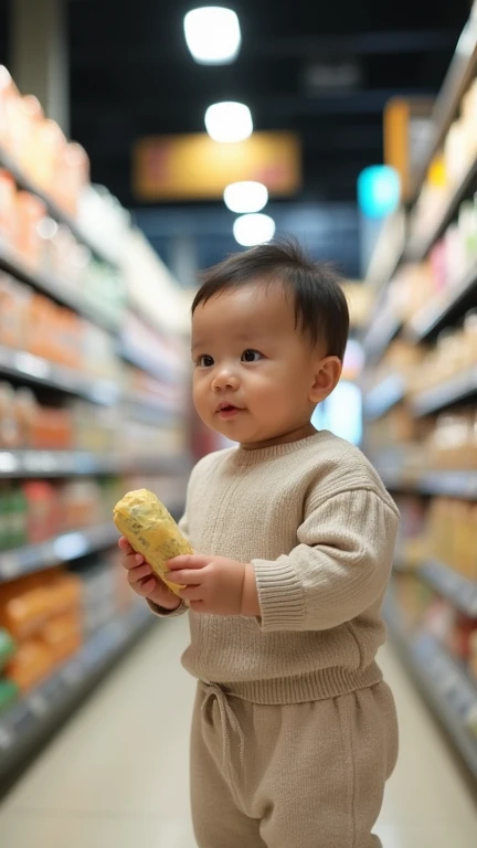  A newborn Japanese baby is shopping at the supermarket。There are also baby customers shopping around 　 high definition 、 top quality、 real　 Real Photos　8k　 high definition , 　 supermarket 　 shopping　have a shopping cart