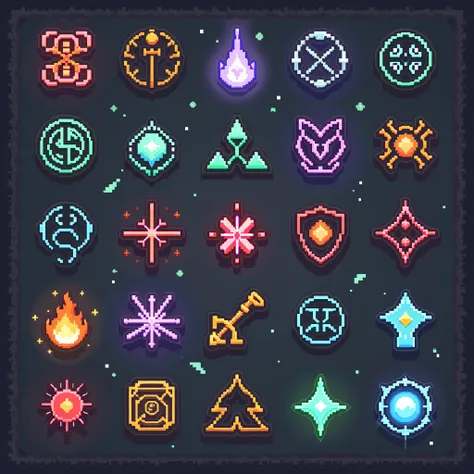 Please create a set of pixel art runes to represent magical spells in my upcoming computer game. I have many spells, so if you can fit a lot in one picture it would be great. 