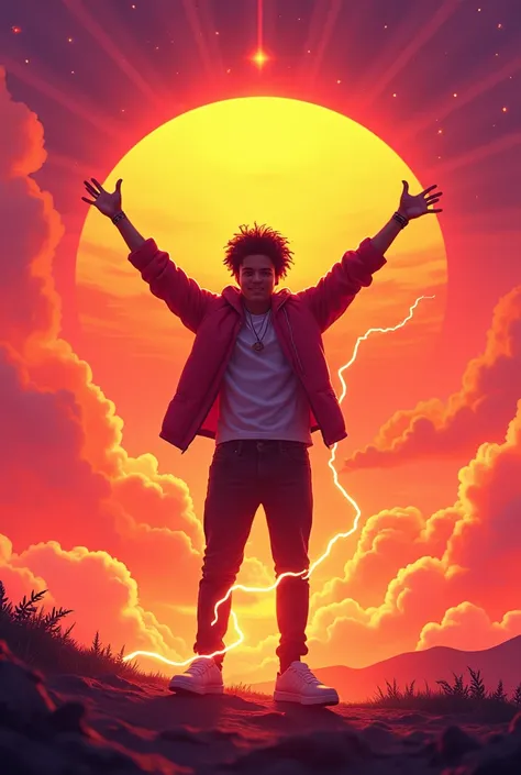 A vibrant sunset scene with orange gradients, pink and purple in the sky. A young man with a reggaeton style, in a victory pose, with brightness around it. Flames and lightning around the character, movement lines for dynamism. Radiant sun overhead and bri...