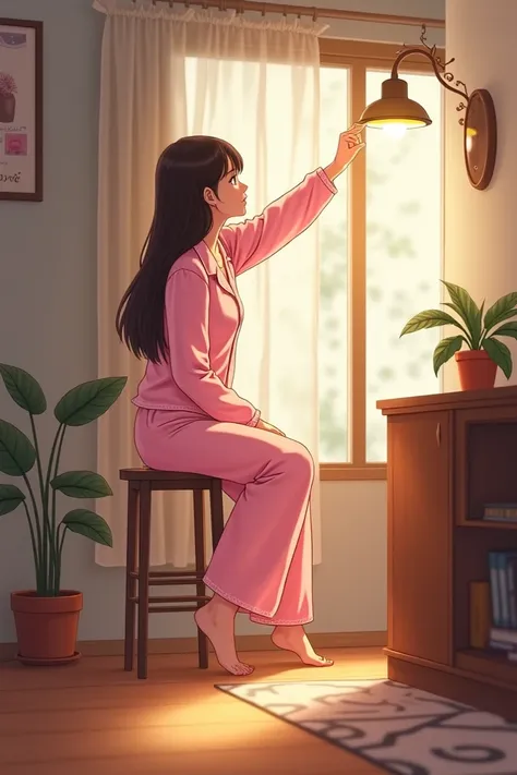 Sana, now comfortably settled into her new routine, was helping Meera with the final touches around the house. She was perched on a stool, adjusting a wall-attached lamp in the living room. She wore a cute pink night suit, her hair flowing freely over her ...