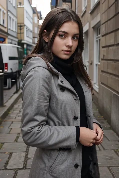 The British teenage girl with an European face and German features dressed in a grey coat