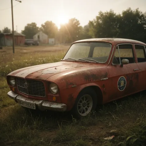 Ultra realistic photo of an old and rusty Bentley 4½ Litre, abandoned for decades in a field in England. The car is tagged with a large ‘9_0’ on the side, clearly visible. Scene captured in wide shot with sunlight illuminating the car and surrounding grass...