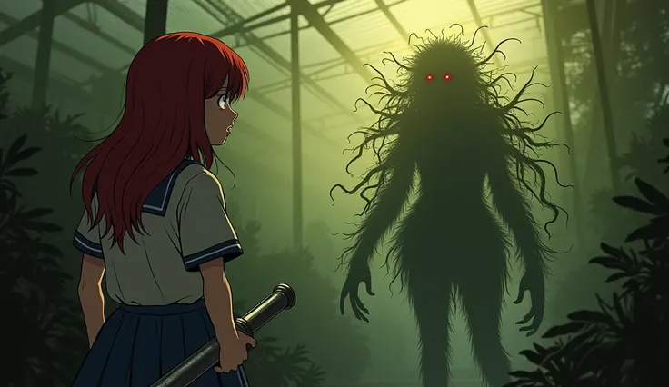 Side view like in side scroller game. A scared red-haired young woman 20yo dressed in a school uniform. She holds a steel pipe. She looks at a monster-girl to her right. Monster girl consisting of vines and plants. Monster girl controls giant monster plant...