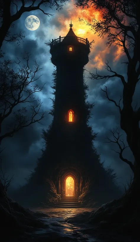 dark fantasy, round dark tower of magic, very high and inaccessible, without enter, high wall, only small windownon the top of rower with small balcony, little light from candle from inside of room on the top of rower, Dark magic,  protected by a dark and ...