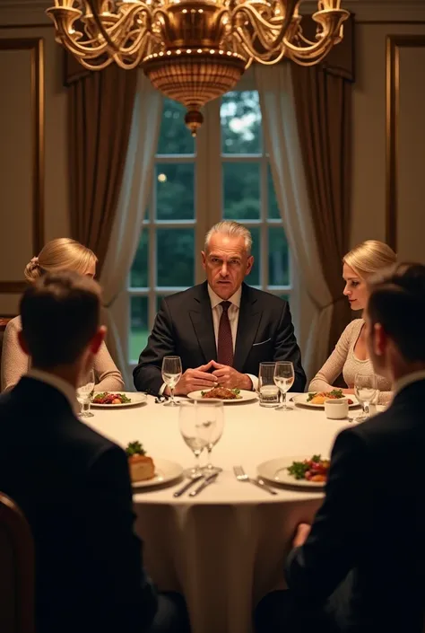 a family dining at a large round table in a large house. At the table a man of about 60 years old in a strict suit, a woman of 40 years old in , a girl of 20 years old with blonde hair and green eyes, a guy of 35 years old in a strict suit, slicked-back ha...