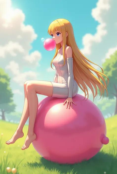 Anime girl with long blonde hair in a rubber suit blowing a bubblegum and sitting on a balloon on the ground