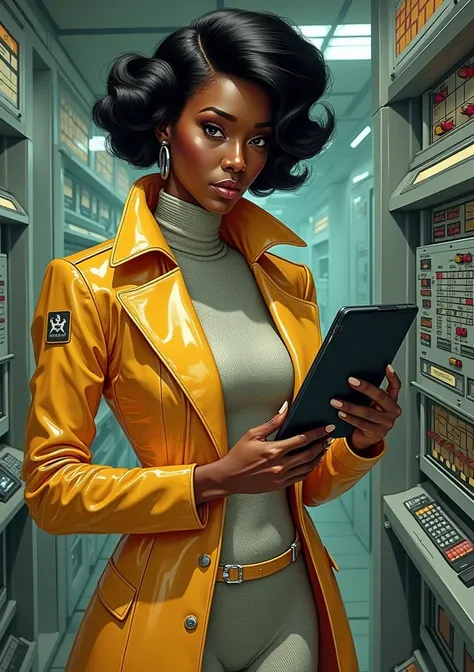 1940s pop art。beautiful black female officer。(((Jet Black Skin)))。earth defense force。 gold metallic jacket、 silver mesh tunic holding tablet 。タブレットを抱えている。Jet Black Skin。 retro-futuristic computer。Command Room