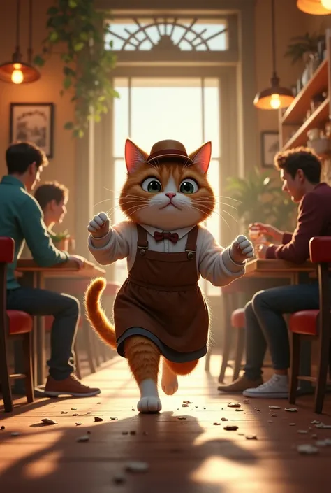  coffee shop - cat is brown white colour - wear a coffee waiter dress - but this time there is earth quake - cat is worried - realistic - he is running in his coffee shop to save every one