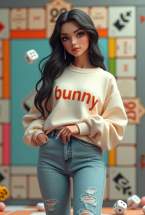 beautiful ai lady sweatshirt got BUNNY  named on it,shoes,jeans,monopoly go board theme,got dices everywhere