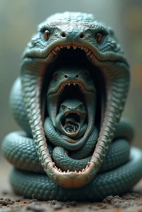 

"A large snake with an open mouth ,  showing a second smaller snake inside its mouth .  The second snake also has an open mouth ,  revealing a third, even smaller snake inside its mouth."
