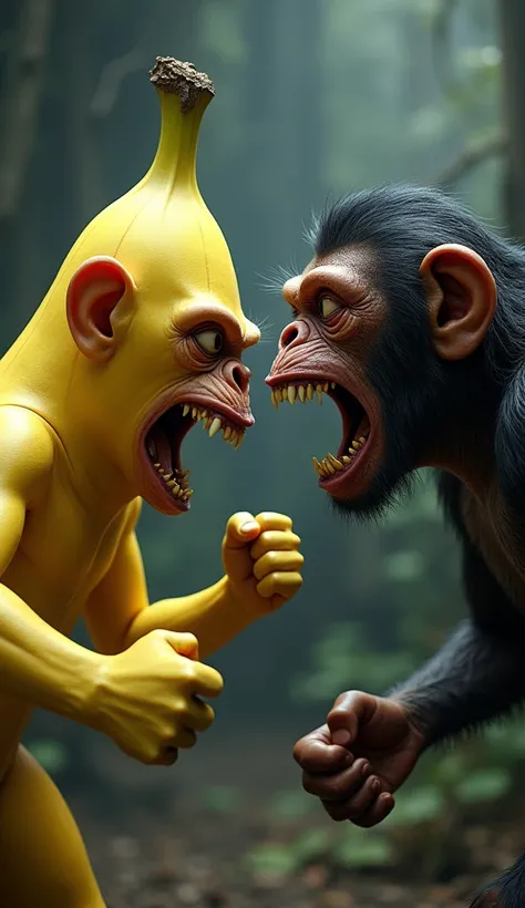 Give me detailed prompt of these two animals To Create images 
"First, create an image where a banana and a monkey are placed together, both are in an angry mode and facing each other. Ensure the background matches their intense expressions. In the second ...