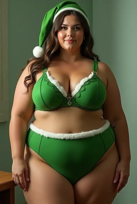 BBW fat woman only in panties and bra dressed like the Grinch
High waist panties
Bulging bra 
With normal skin. 
Hairless
Just the panties and the green bra 