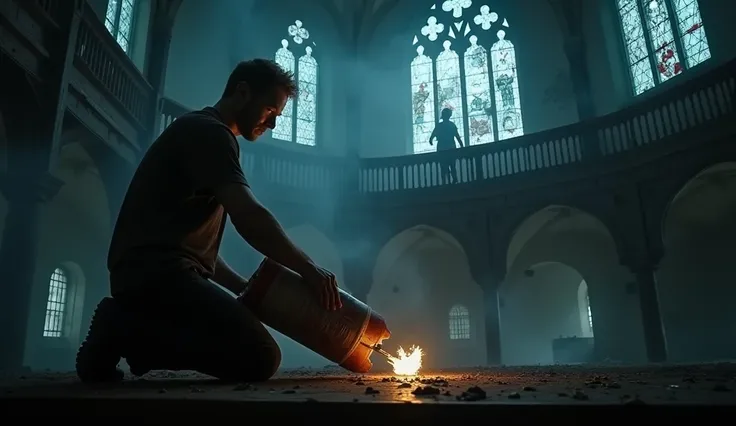 A strong blonde-haired man, reminiscent of Daryl Dixon, kneels upstairs, He is intensely focused, carefully preparing a massive dynamite bomb with a burning fuse. The abandoned gothic church is a haunting sight, with cracked and partially collapsed spires ...