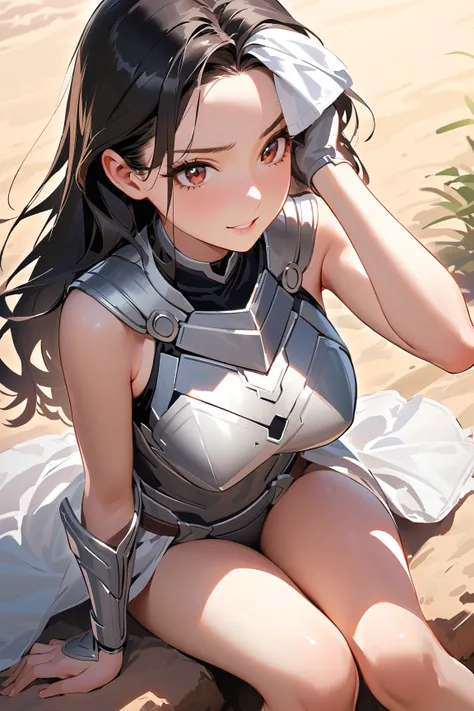 1 girl, (frustrated face), young adult, short bobbed hair, (panting lightly:1.3), large breasts, fit, (wearing light armor with loose clothing), above knee-length, (sitting on a rock),  
   BREAK  
   in a scorching desert, the heat waves visible in the ai...