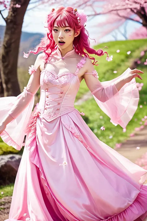 A fairy with curly pink hair and big pink eyes in a ponytel is angrily chasing her in a dynamic pose looking at the camera、The hill where cherry blossom petals dance 、 A beautiful fairy woman with a well-groomed face is wearing a dress in a fantasy costume...