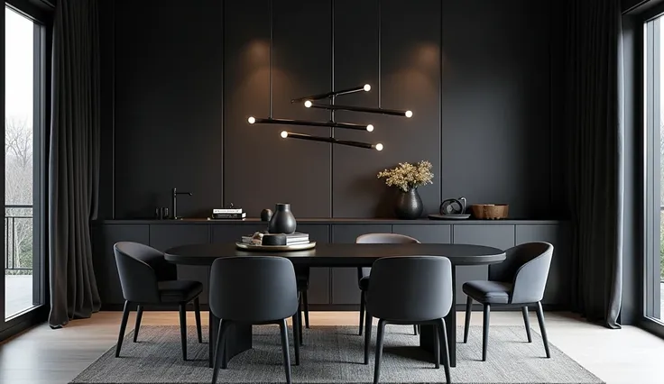 "A dark-themed modern dining area, showcasing a sleek black dining table, charcoal gray chairs, and a statement light fixture above. The backdrop features a textured black wall with minimalist decor."
