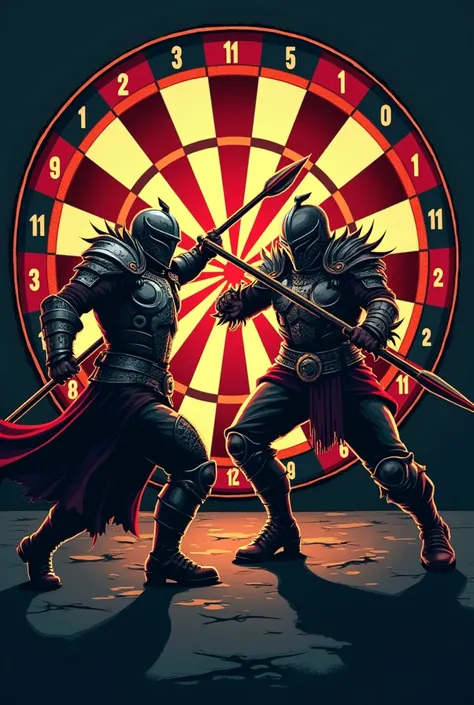 I need a logo for my darts tournament , It should look like this ,  2 warriors fight in front of a huge dartboard as weapons they have steel darts and as a shield a dartboard