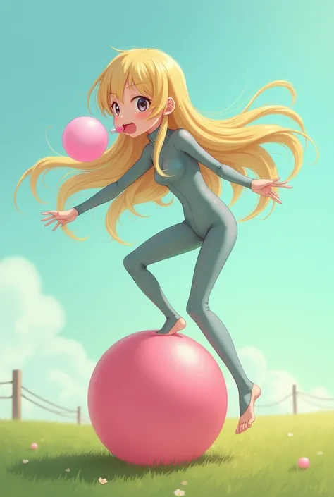 Anime girl with long blonde hair in a rubber suit blowing a bubblegum and bouncing on a balloon on the ground which stentch the neck lf the balloon