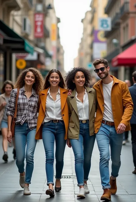 4 REAL PEOPLE WALKING ON THE STREET SMILING LOOKING AT THE CAMERA 