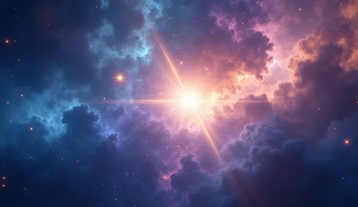  A vibrant and futuristic spatial background with shades of blue , purple,  gold and silver .  Radiant lights emanate from a bright star in the center ,  creating an effect of cosmic brightness with smooth color transitions.  The environment is filled with...