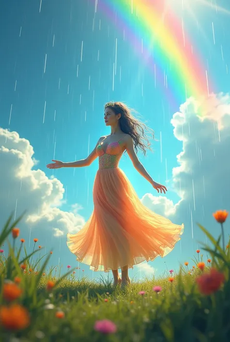 (((create ultra beautiful diminutive rainbow woman queen))), in a beautiful translucent gown running through a spring shower arching her way light to the day, rainy, sunny, fluffy blue clouds, blue sky, fluffy white, clouds, rainbow, 8k, deam beams,