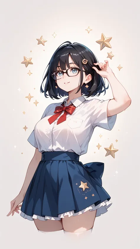 Black hair, glasses, looking up at the stars